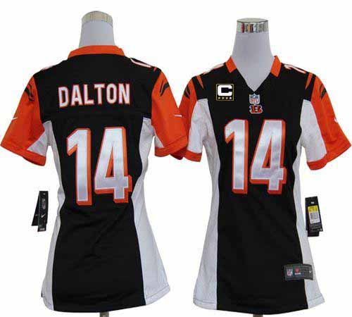 Bengals #14 Andy Dalton Black Team Color With C Patch Women's Stitched NFL Elite Jersey
