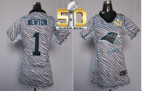 Panthers #1 Cam Newton Zebra Super Bowl 50 Women's Stitched NFL Elite Jersey