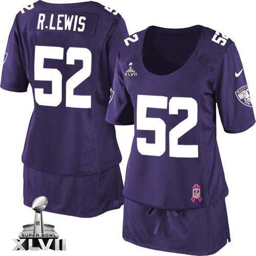 Ravens #52 Ray Lewis Purple Team Color Super Bowl XLVII Women's Breast Cancer Awareness Stitched NFL Elite Jersey