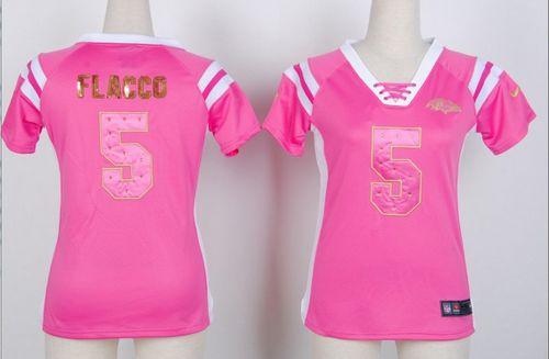 Ravens #5 Joe Flacco Pink Women's Stitched NFL Elite Draft Him Shimmer Jersey