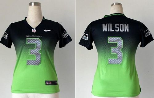 Seahawks #3 Russell Wilson Steel Blue/Green Women's Stitched NFL Elite Fadeaway Fashion Jersey