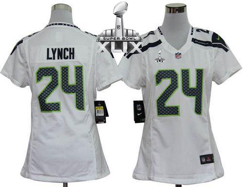 Seahawks #24 Marshawn Lynch White Super Bowl XLIX Women's Stitched NFL Elite Jersey