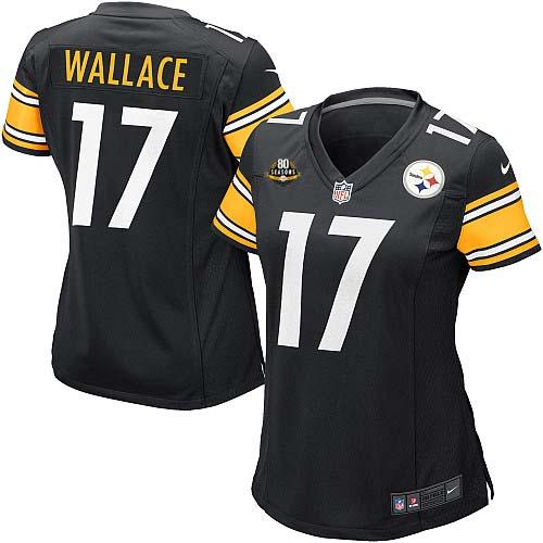 Steelers #17 Mike Wallace Black Team Color With 80TH Patch Women's NFL Game Jersey