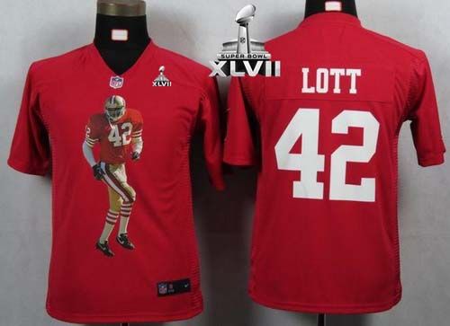 49ers #42 Ronnie Lott Red Team Color Super Bowl XLVII Youth Portrait Fashion NFL Game Jersey
