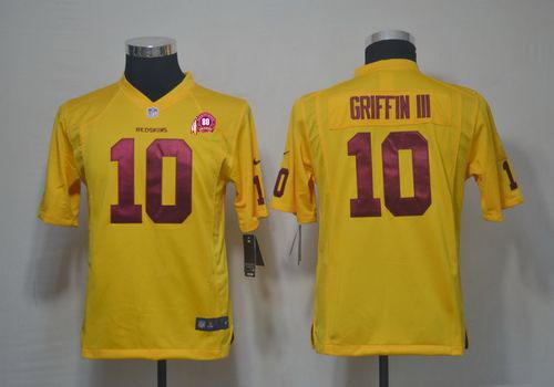 Redskins #10 Robert Griffin III Yellow With 80TH Patch Youth Stitched NFL Elite Jersey
