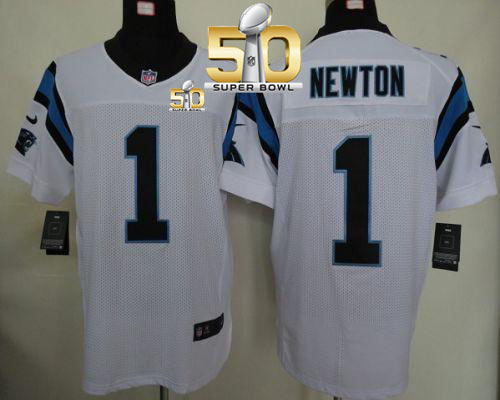 Panthers #1 Cam Newton White Super Bowl 50 Men's Stitched NFL Elite Jersey