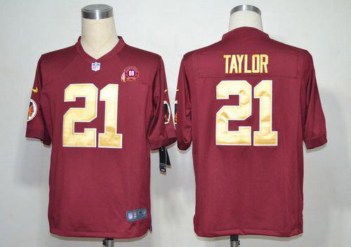 Redskins #21 Sean Taylor Burgundy Red Gold No. Alternate With 80TH Patch Men's Stitched NFL Game Jersey