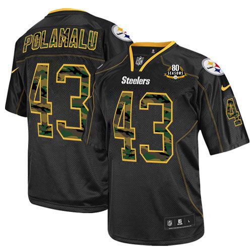Steelers #43 Troy Polamalu Black With 80TH Patch Men's Stitched NFL Elite Camo Fashion Jersey