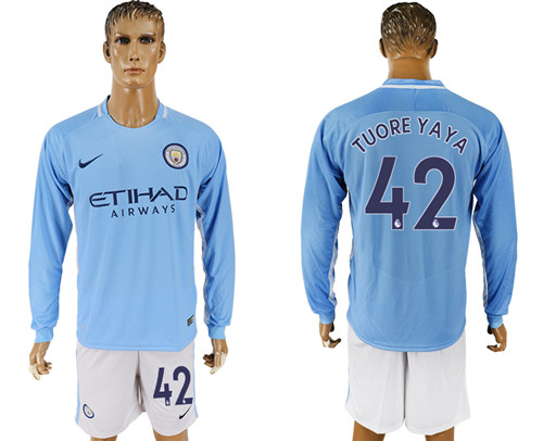 2017 18 Manchester City 42 TUORE YAYA Away Long Sleeve Soccer Jersey