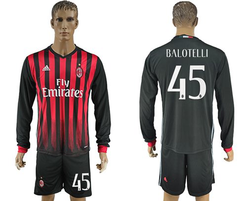 AC Milan 45 Balotelli Home Long Sleeves Soccer Club Jersey