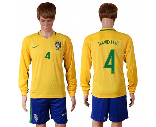 Brazil 4 David Luiz Home Long Sleeves Soccer Country Jersey