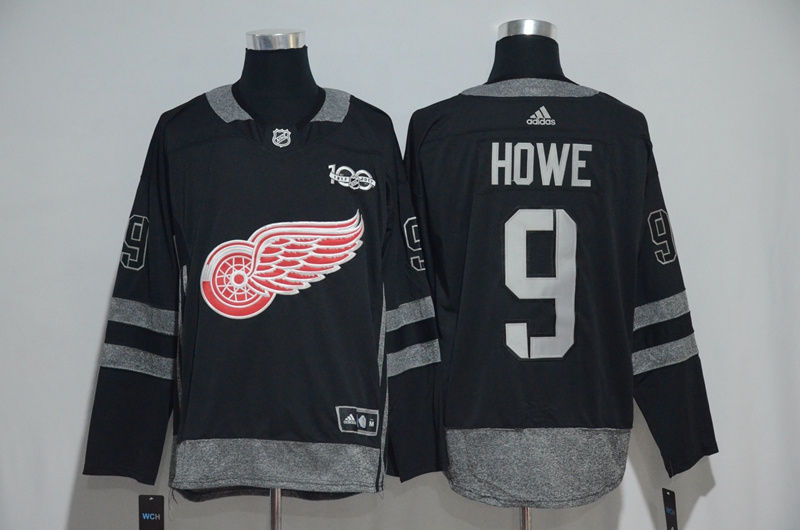 Detroit Red Wings 9 Gordie Howe Black 1917-2017 100th Anniversary Stitched NHL Jersey