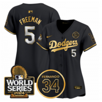 MLB Dodgers 5 Freddie Freeman Black Gold 2024 World Series with 34 Patch Nike Cool Base Women Jersey