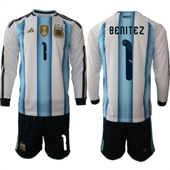 Men's Argentina 1 Benitez Long Sleeve National Team FIFA x World Cup 2026 Home White On Field Jersey