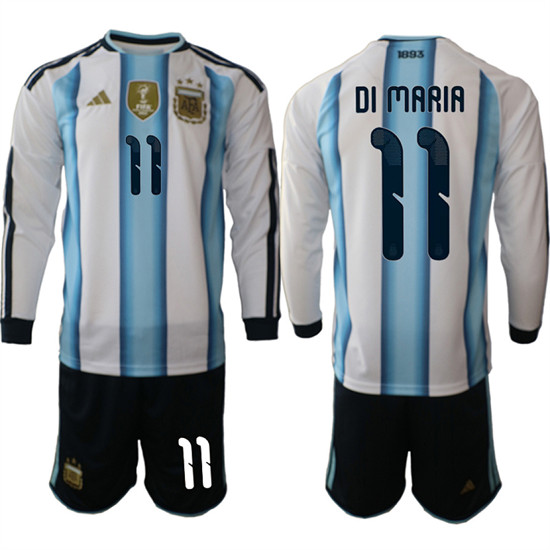 Men's Argentina 11 DI MARIA Long Sleeve National Team FIFA x World Cup 2026 Home White On Field Jersey
