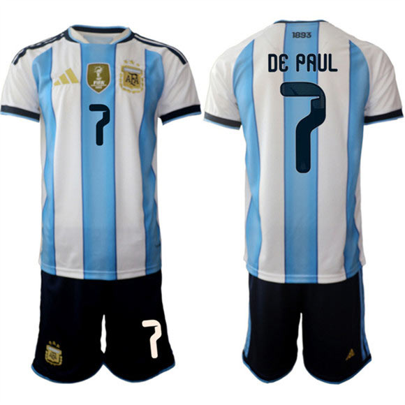 Men's Argentina 7 Rodrigo Javier De Paul White Blue 2025 26 Home Soccer Jersey Suit