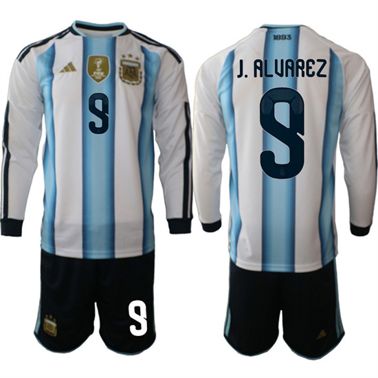 Men's Argentina 9 J.ALUAREZ Long Sleeve National Team FIFA x World Cup 2026 Home White On Field Jersey