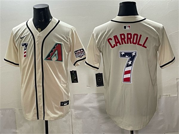 Men's Arizona Diamondbacks 7 Corbin Carroll Cream 2026 USA 250 Fourth of July Home Stadium Stitched Baseball Jersey Men's Arizona Diamondbacks 7 Corbin Carroll Cream 2026 USA 250 Fourth of July Home Stadium Stitched Baseball Jersey
