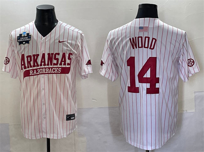 Men's Arkansas Razorbacks 14 Gage Wood White Pinstripe 2025 World Series & SEC Patch Stitched Jersey