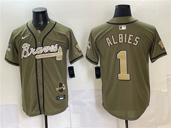 Men's Atlanta Braves 1 Ozzie Albies Olive 2026 Armed Forces Day Stitched Baseball Jersey