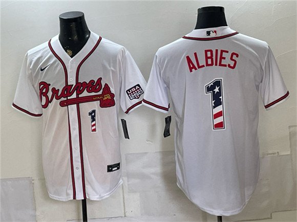 Men's Atlanta Braves 1 Ozzie Albies White USA 250 Fourth of July Home Stadium Stitched Baseball Jersey