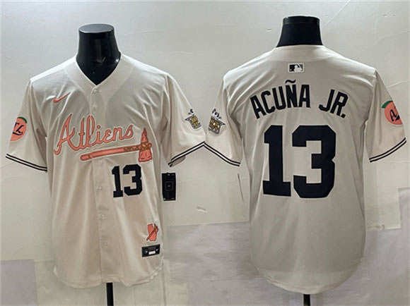 Men's Atlanta Braves 13 Ronald Acua Jr. Cream 2024 Atliens & Peach With Outkast Patch Vapor Limited Stitched Baseball Jersey