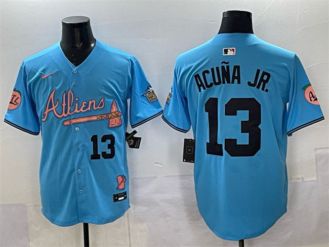 Men's Atlanta Braves 13 Ronald Acuna Jr. Blue 2024 Atliens & Peach With Outkast Patch Vapor Limited Stitched Baseball Jersey