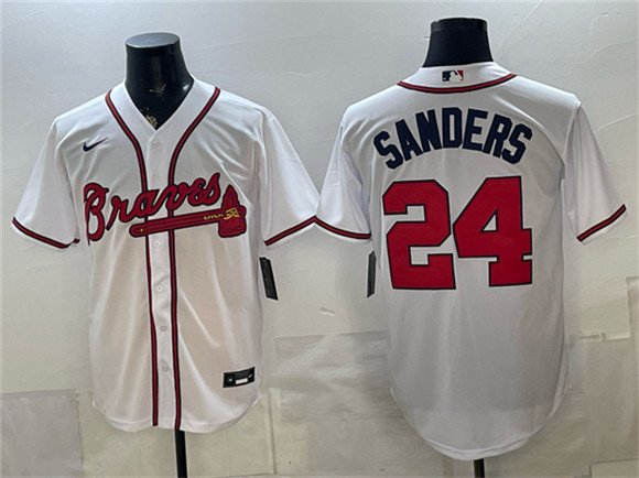 Men's Atlanta Braves 24 Deion Sanders White Cool Base Stitched Baseball Jersey