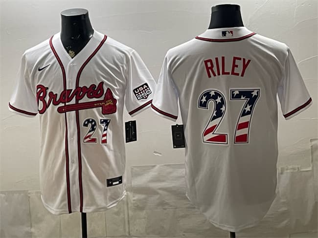 Men's Atlanta Braves 27 Austin Riley White USA 250 Fourth of July Home Stadium Stitched Baseball Jersey