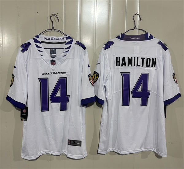 Men's Baltimore Ravens 14 Kyle Hamilton White 2026 Alternate Vapor Limited Football Stitched Jersey Men's Baltimore Ravens 14 Kyle Hamilton White 2026 Alternate Vapor Limited Football Stitched Jersey
