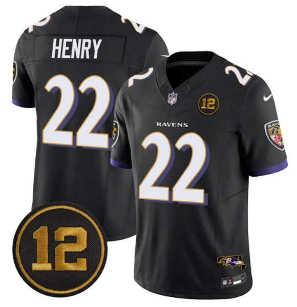 Men's Baltimore Ravens 22 Derrick Henry Black 2025 F.U.S.E Jacoby Jones Patch Vapor Limited Football Jersey