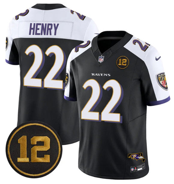 Men's Baltimore Ravens 22 Derrick Henry Black Alternate 2025 F.U.S.E Jacoby Jones Patch Vapor Limited Football Jersey