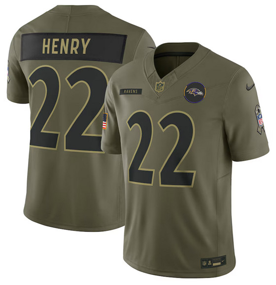 Men's Baltimore Ravens 22 Derrick Henry Olive 2025 Salute to Service Limited Football Stitched Jersey