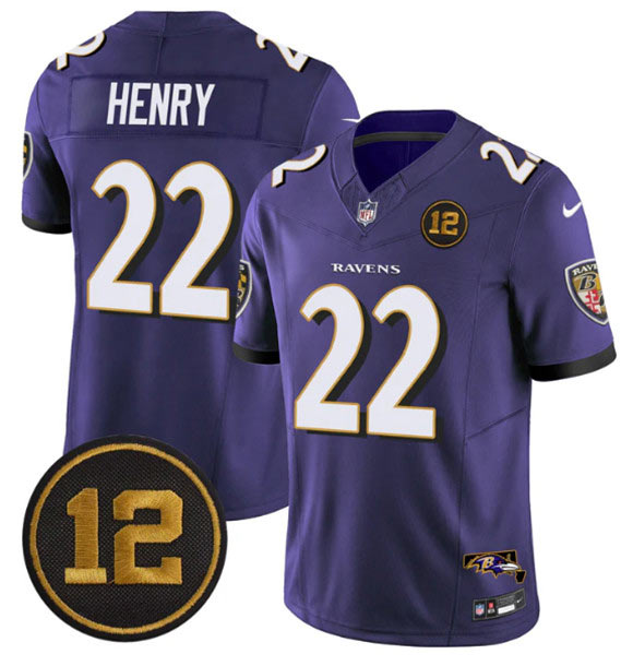 Men's Baltimore Ravens 22 Derrick Henry Purple 2025 F.U.S.E Jacoby Jones Patch Vapor Limited Football Jersey