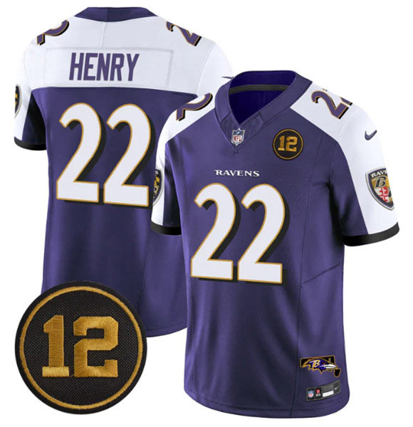 Men's Baltimore Ravens 22 Derrick Henry Purple Alternate 2025 F.U.S.E Jacoby Jones Patch Vapor Limited Football Jersey