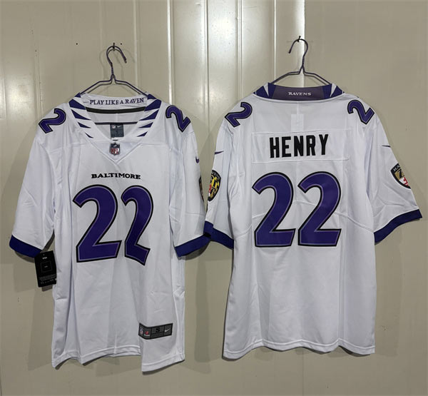 Men's Baltimore Ravens 22 Derrick Henry White 2026 Alternate Vapor Limited Football Stitched Jersey Men's Baltimore Ravens 22 Derrick Henry White 2026 Alternate Vapor Limited Football Stitched Jersey