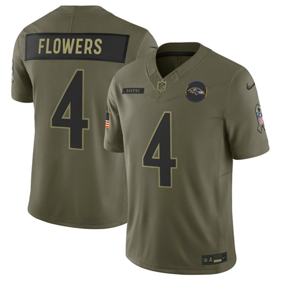Men's Baltimore Ravens 4 Zay Flowers Olive 2025 Salute to Service Limited Football Stitched Jersey