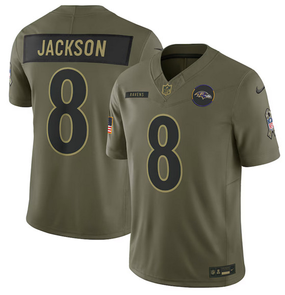 Men's Baltimore Ravens 8 Lamar Jackson Olive 2025 Salute to Service Limited Football Stitched Jersey