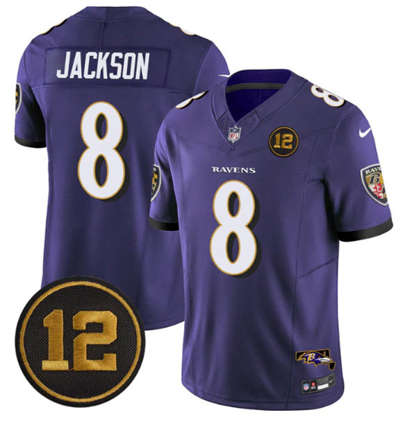 Men's Baltimore Ravens 8 Lamar Jackson Purple 2025 F.U.S.E Jacoby Jones Patch Vapor Limited Football Jersey