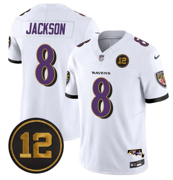 Men's Baltimore Ravens 8 Lamar Jackson White 2025 F.U.S.E Jacoby Jones Patch Vapor Limited Football Jersey