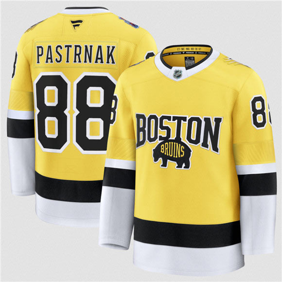 Men's Boston Bruins 88 David Pastrnak Gold 2026 Stadium Series Stitched Hockey Jersey