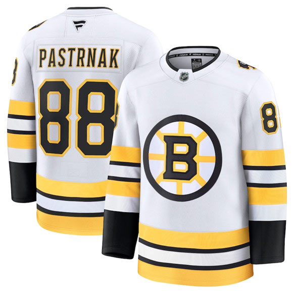 Men's Boston Bruins 88 David Pastrnak White 2025 Away Stitched Hockey Jersey