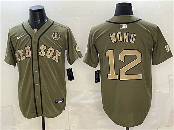 Men's Boston Red Sox 12 Connor Wong Olive Armed Forces Day Cool Base Stitched Baseball Jersey Men's Boston Red Sox 12 Connor Wong Olive Armed Forces Day Cool Base Stitched Baseball Jersey