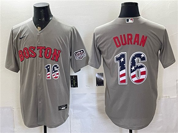 Men's Boston Red Sox 16 Jarren Duran Gray 2026 USA 250 Fourth of July Home Stitched Baseball Jersey Men's Boston Red Sox 16 Jarren Duran Gray 2026 USA 250 Fourth of July Home Stitched Baseball Jersey