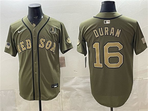 Men's Boston Red Sox 16 Jarren Duran Olive Armed Forces Day Cool Base Stitched Baseball Jersey Men's Boston Red Sox 16 Jarren Duran Olive Armed Forces Day Cool Base Stitched Baseball Jersey