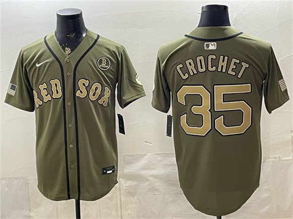 Men's Boston Red Sox 35 Garrett Crochet Olive Armed Forces Day Cool Base Stitched Baseball Jersey Men's Boston Red Sox 35 Garrett Crochet Olive Armed Forces Day Cool Base Stitched Baseball Jersey