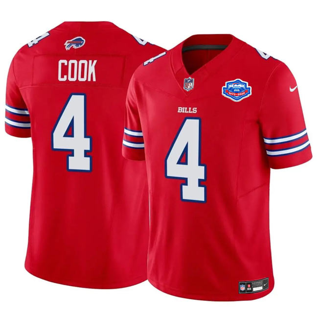 Men's Buffalo Bills 4 James Cook Red 2025 F.U.S.E. With Farewell Patch Vapor Untouchable Limited Football Stitched Jersey