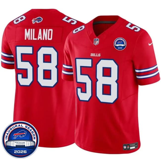 Men's Buffalo Bills 58 Matt Milano Red F U S E 2026 Inaugural Season at Highmark Stadium Football Stitched Jersey Men's Buffalo Bills 58 Matt Milano Red F U S E 2026 Inaugural Season at Highmark Stadium Football Stitched Jersey