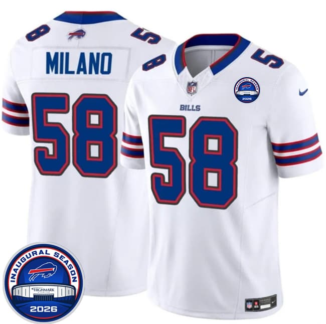 Men's Buffalo Bills 58 Matt Milano White F U S E 2026 Inaugural Season at Highmark Stadium Football Stitched Jersey Men's Buffalo Bills 58 Matt Milano White F U S E 2026 Inaugural Season at Highmark Stadium Football Stitched Jersey