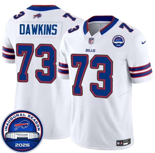 Men's Buffalo Bills 73 Dion Dawkins White F U S E 2026 Inaugural Season at Highmark Stadium Football Stitched Jersey Men's Buffalo Bills 73 Dion Dawkins White F U S E 2026 Inaugural Season at Highmark Stadium Football Stitched Jersey